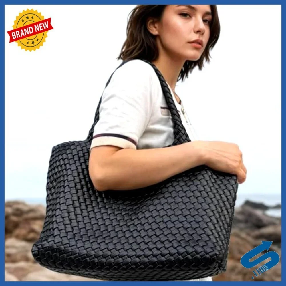 Large Woven Vegan Leather Tote Bag with Inner Zipper Pouch Elegant Boho